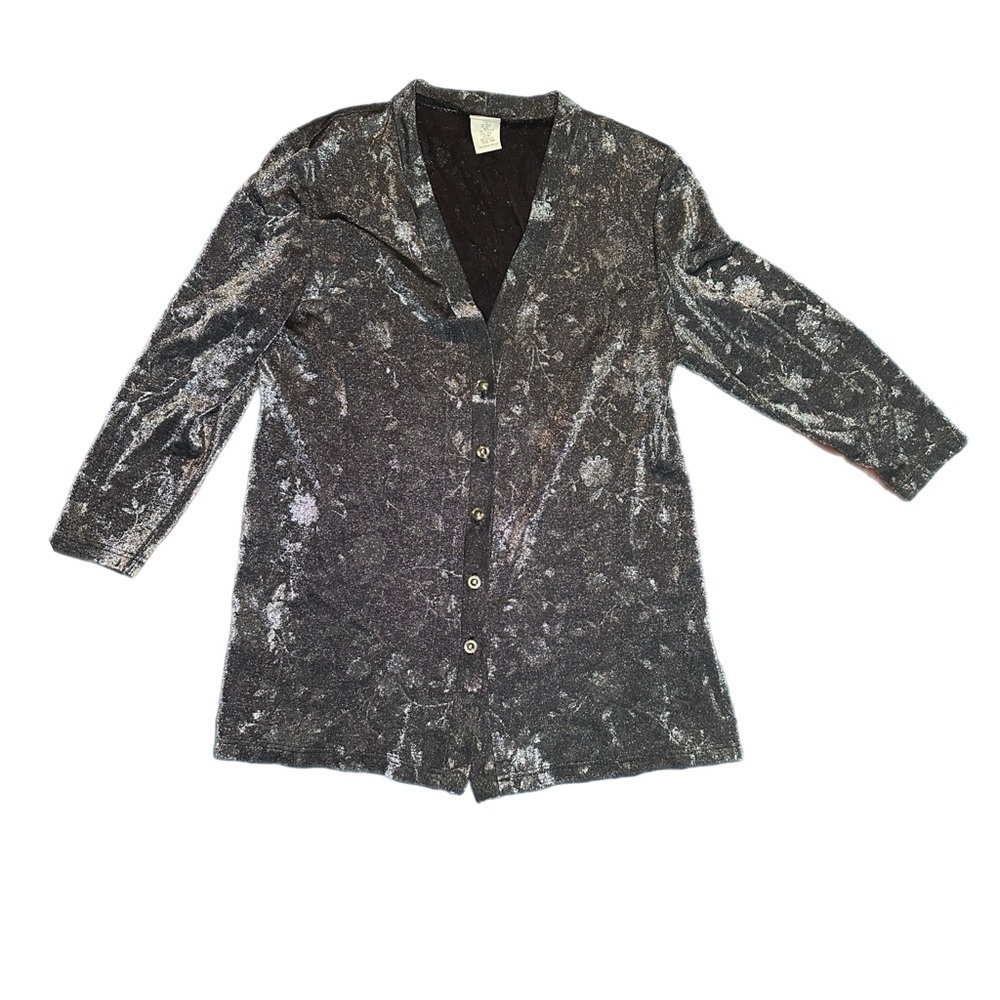 Vintage Studio C Shimmer Black and Gray Floral Print Cardigan.